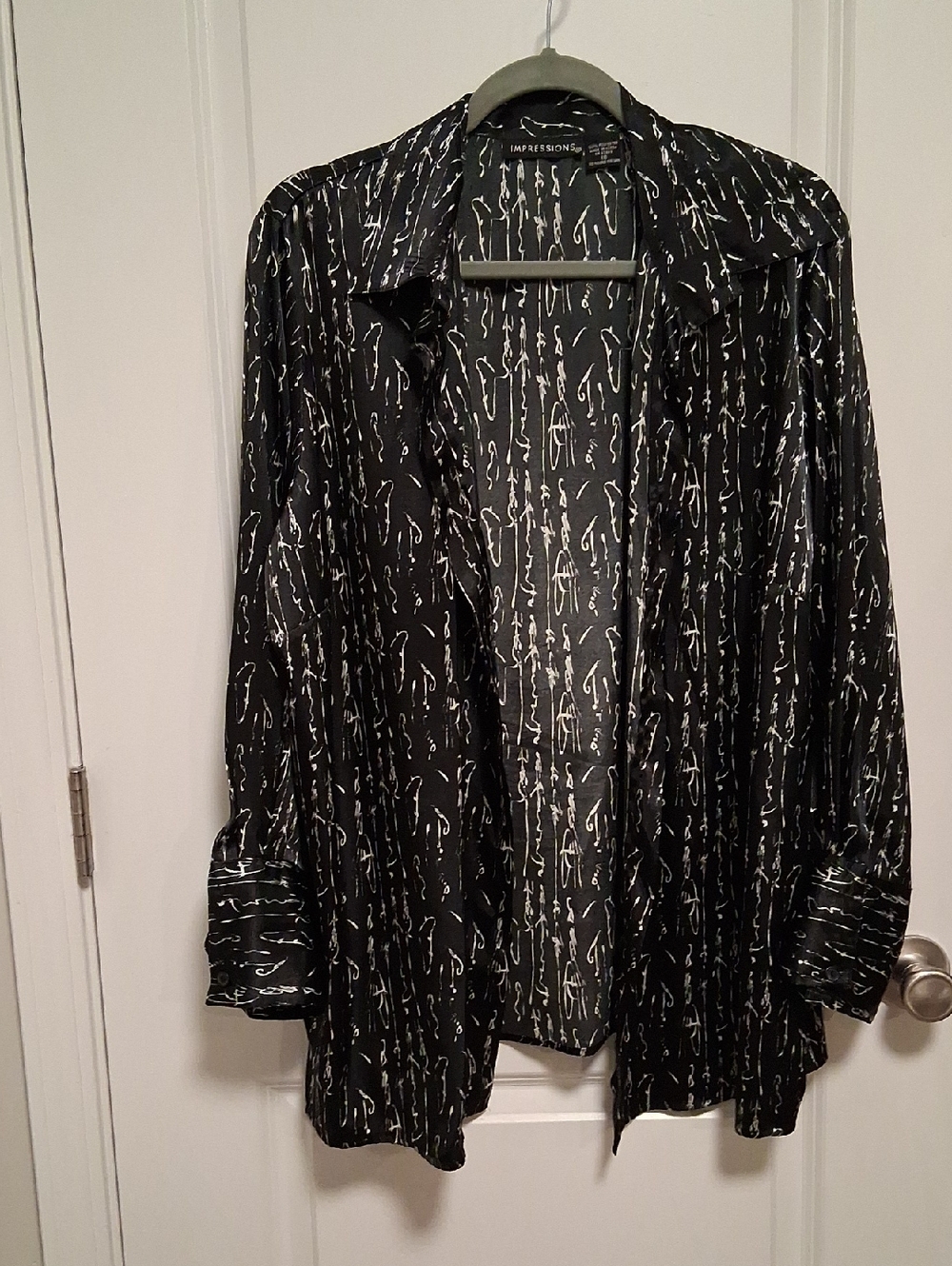 Impressions Black Button-Up Blouse with White Abstract Print